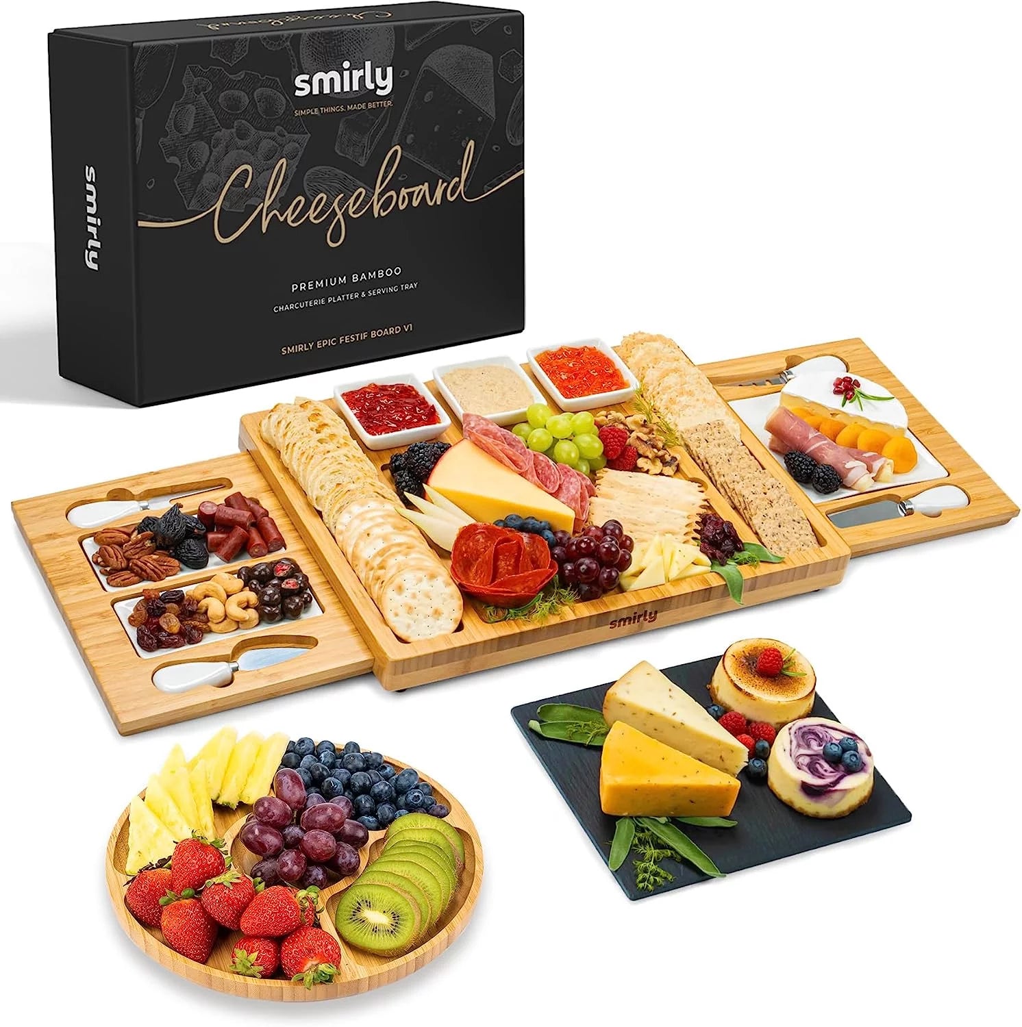 SMIRLY Bamboo Cheese Board and Knife Set: Extra Large Charcuterie Board Set & Accessories, Unique House Warming Gifts, New Home, Anniversary Wedding Gifts for Couple, Bridal Shower Gift for Women