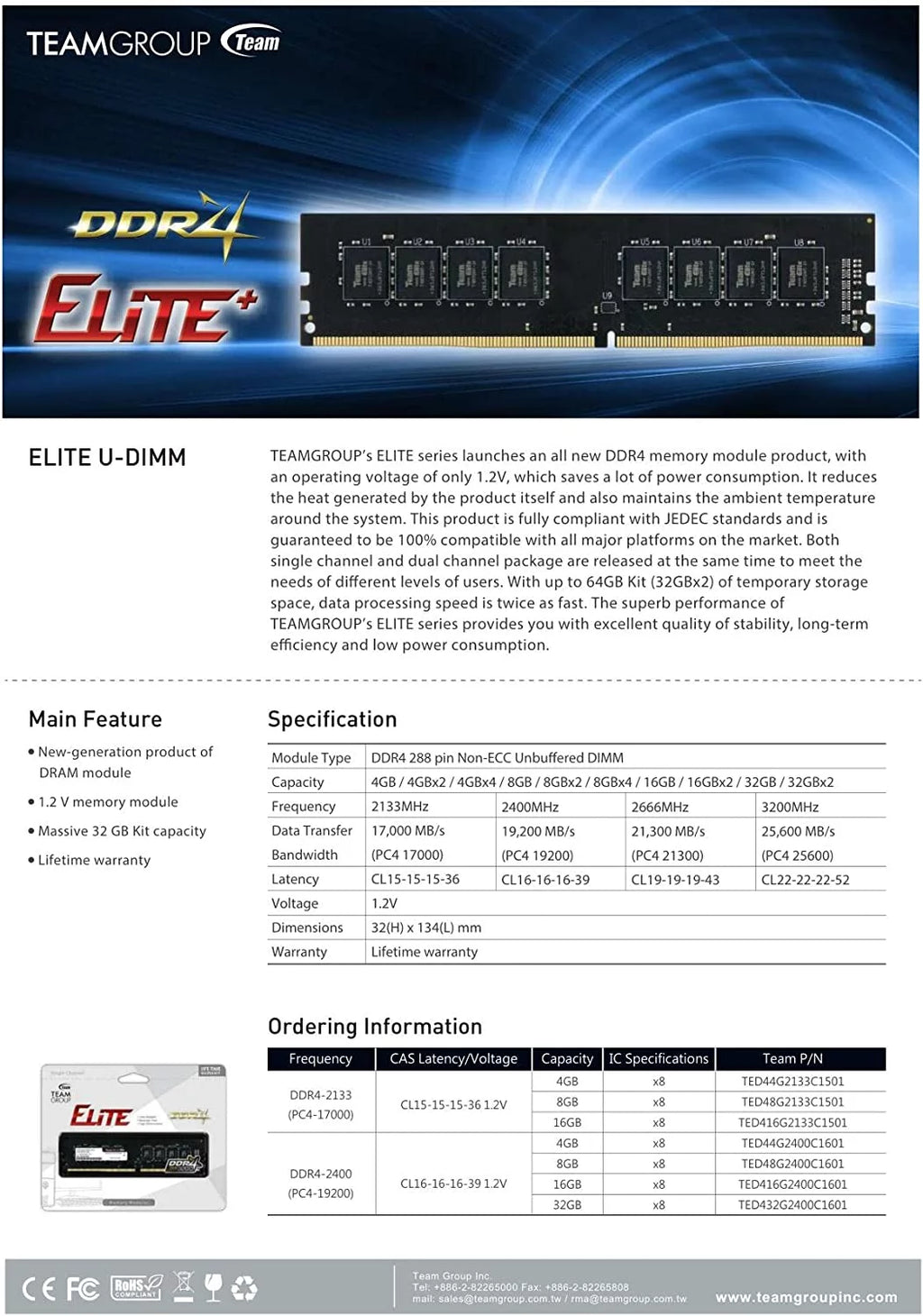 TEAMGROUP Elite DDR4 16GB 2666MHz UDIMM Desktop Memory U448