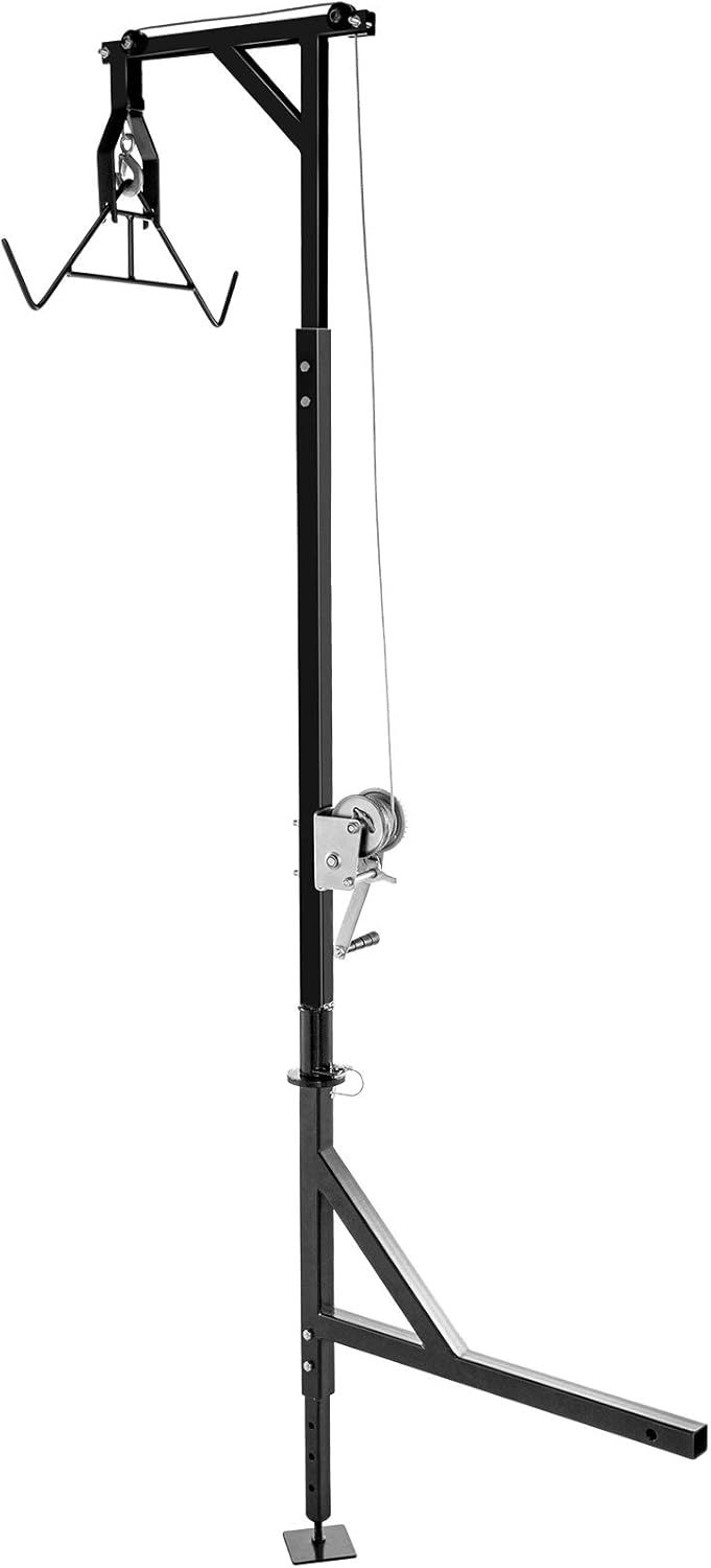 VEVOR Hitch Mounted Deer Hoist, 500lbs Capacity Hitch Game Hoist, 2'' Truck Hitch Deer Hoist with Winch Lift Gambrel Set, Foot Base, Adjustable Height and 360 Degrees Swivel for Hunting, Hanging