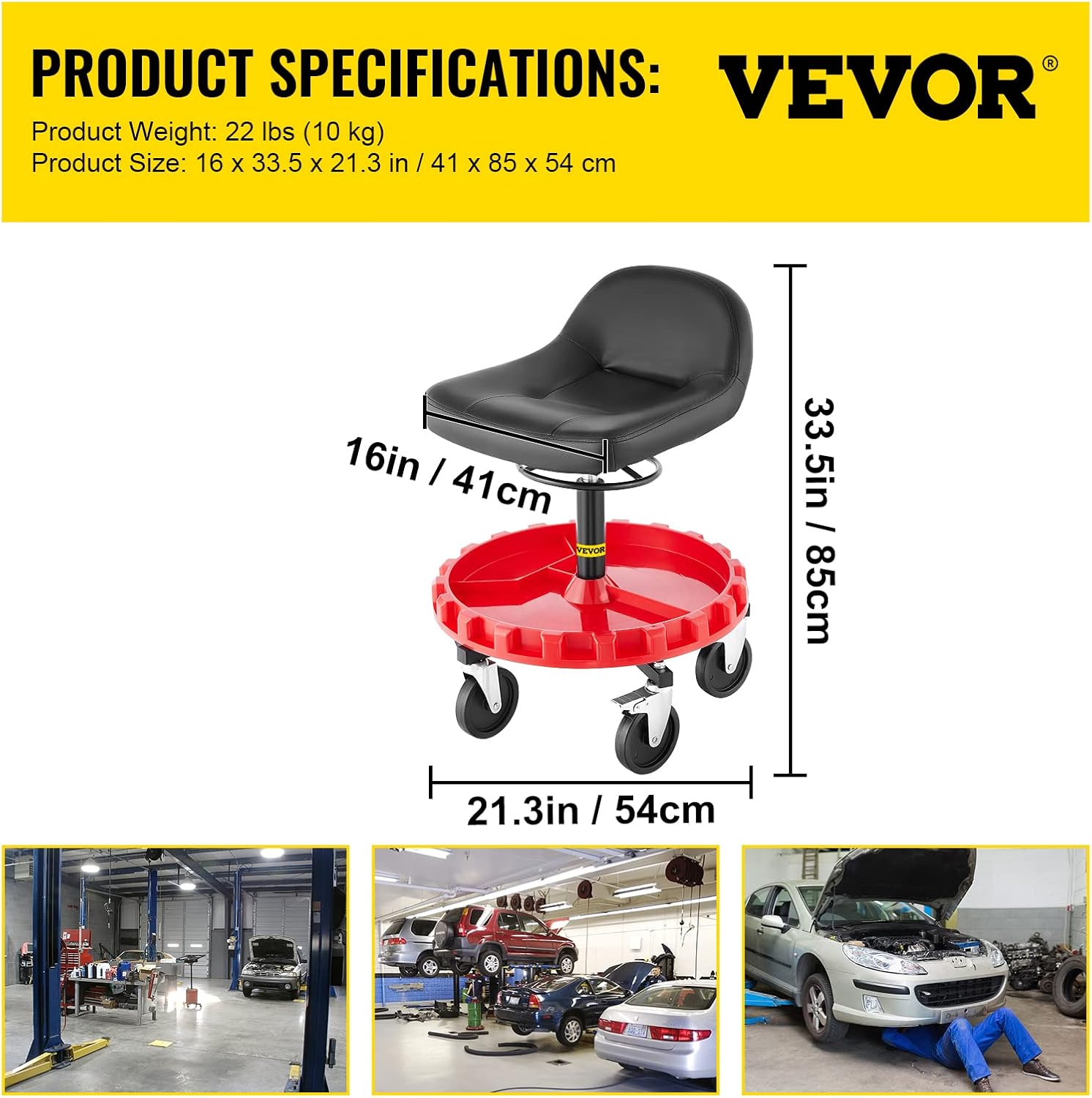 VEVOR Shop Stool, 400 LBS Capacity, Adjustable Height Rolling Garage Seat N6049