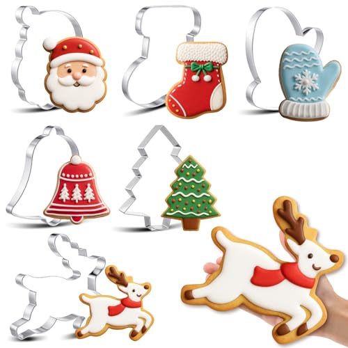 6 Pcs Large Christmas Cookie Cutters 8" Holiday Cookie Cutter Stainless Steel Metal Christmas Baking Molds, Xmas Tree, Snowman, Gingerbread Men, Gnome, Candy Cane, Snowflake