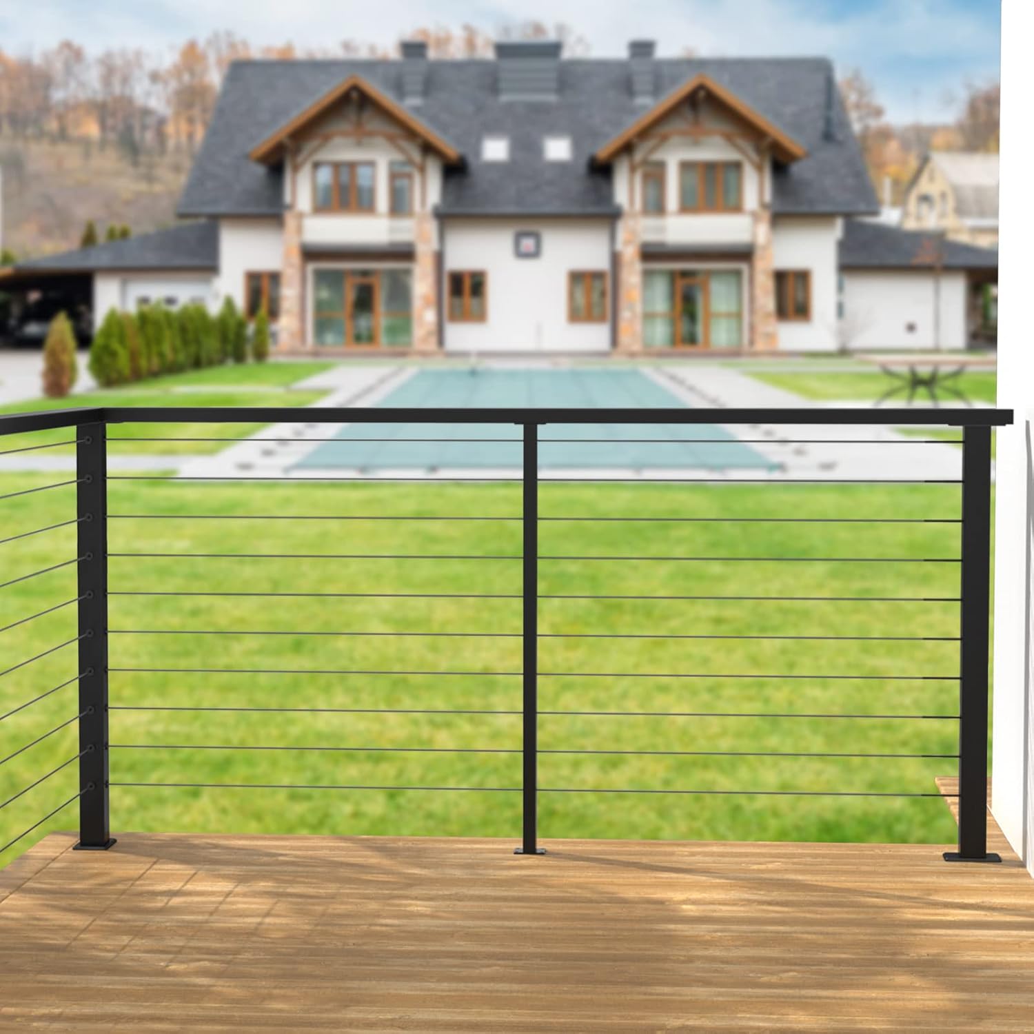 Muzata 4Pack Cable Railing Post Level-drilled Flat Top 36'' Black Stainless Steel X415012