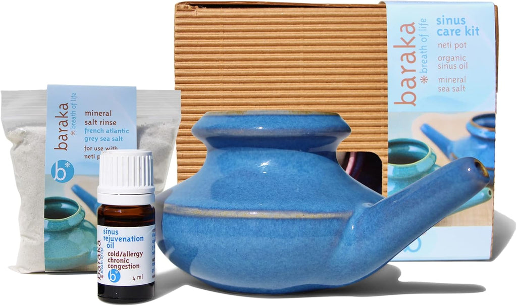 Baraka Complete Sinus Care Tool Kit for Home - Neti Pot (Blue), 5 ml Essential Oil, 2 oz Mineral Salt Rinse Pack of 2