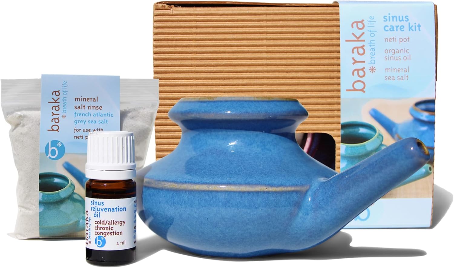 Baraka Complete Sinus Care Tool Kit for Home - Neti Pot (Blue), 5 ml Essential Oil, 2 oz Mineral Salt Rinse Pack of 2