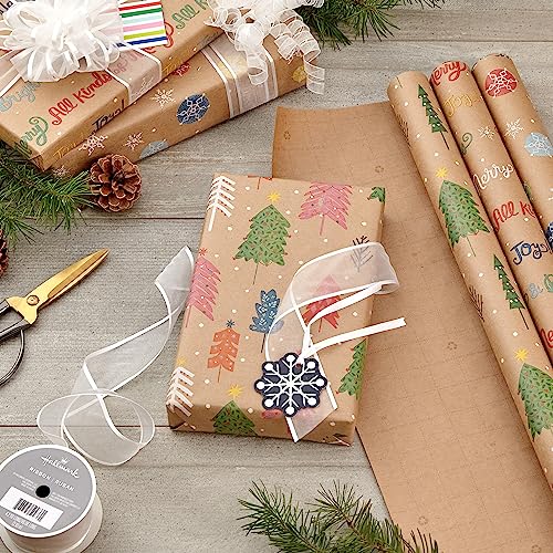 Hallmark Christmas Wrapping Paper Rolls, Brown Kraft Holiday Gift Wrap, 3-Pack B6253