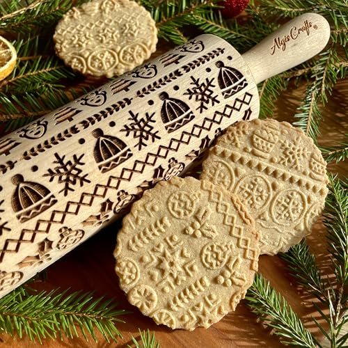 Embossing Rolling Pin with Christmas Symbols for Gingerbread Cookies W48955