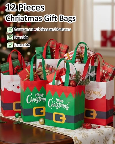 Christmas Gift Bags Assorted Sizes 12PC with Handles, Heavy Duty Non-Woven T61434