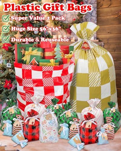 Christmas Gift Bags Assorted Sizes, 22pcs Drawstring Reusable Plastic D786