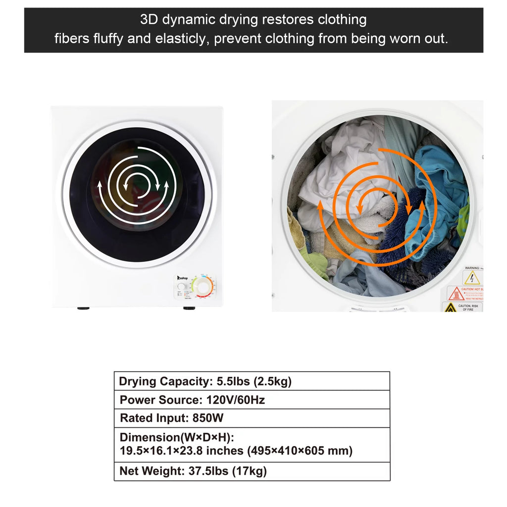 iRerts Portable Clothes Dryer 850W Compact Electric Dryer with Stainless Steel Tub, White Q355997