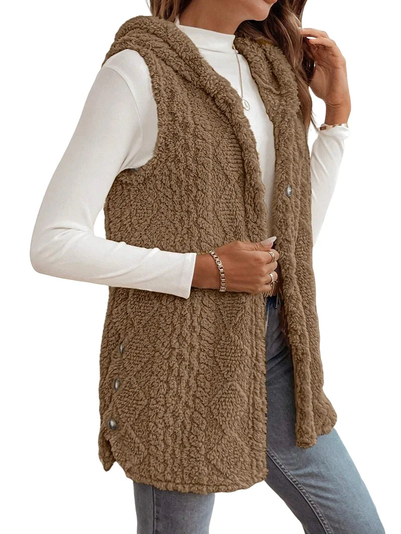 Women's Oversized Fleece Hooded Cardigan, Double Sided Wear, Brown XL U63510