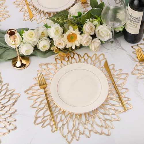 Gold Metallic Vinyl Flower Placemats Set of 6 for Dining Table I961330