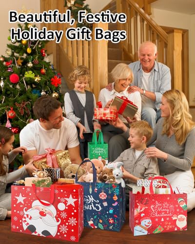 Christmas Gift Bags Assorted Sizes 12PC with Handles, Heavy Duty Non-Woven T61434