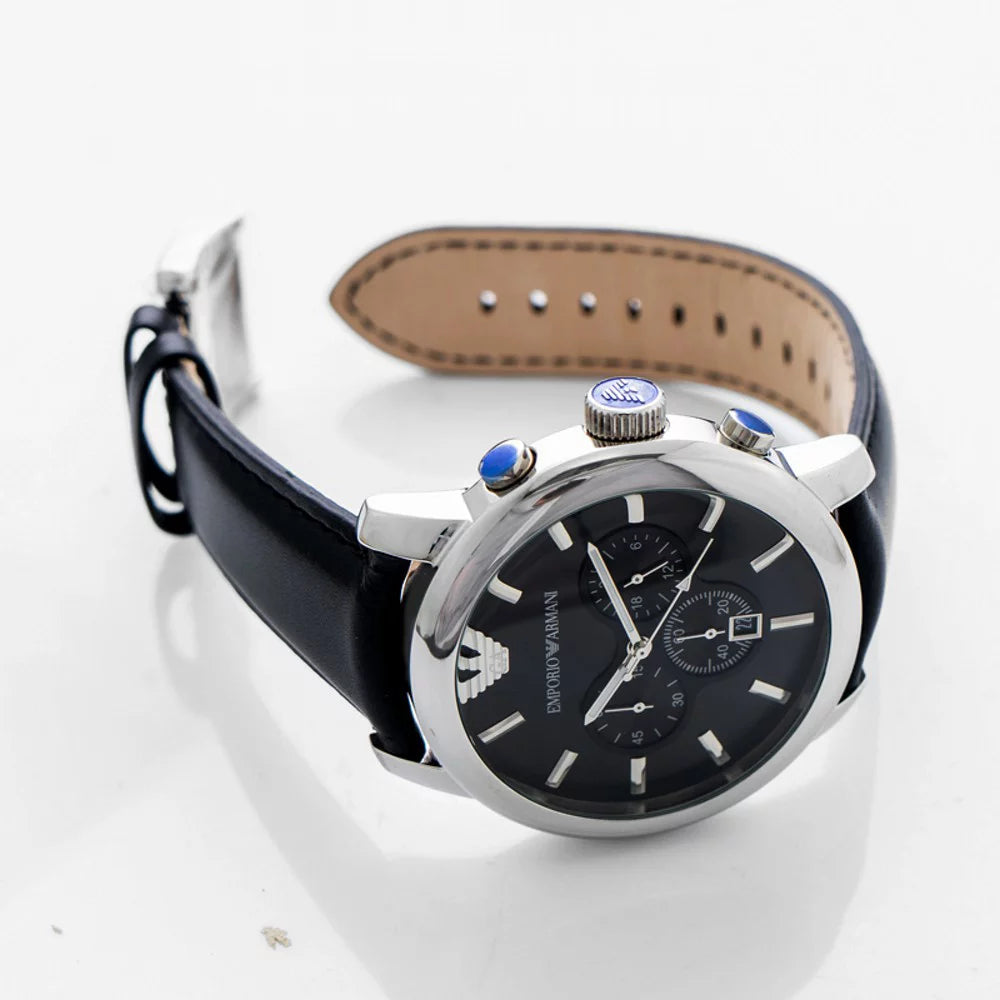 Emporio Armani Men's AR0431 Stainless Steel Chronograph Watch with Black Leather Strap T16679