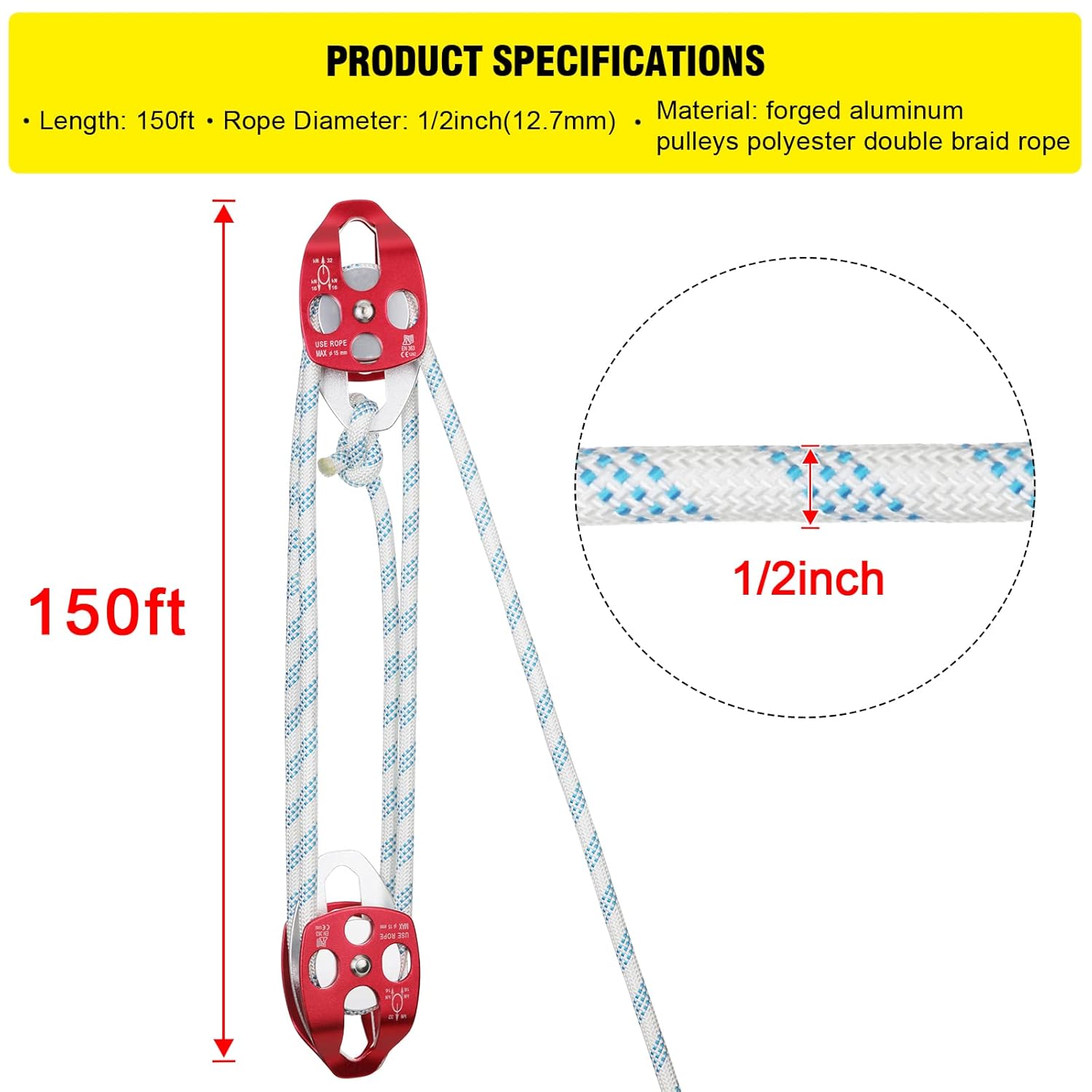 Pulley Block Twin Sheave 2/5-1/2Inch 150Ft with Braid Rope 30-35KN G20495