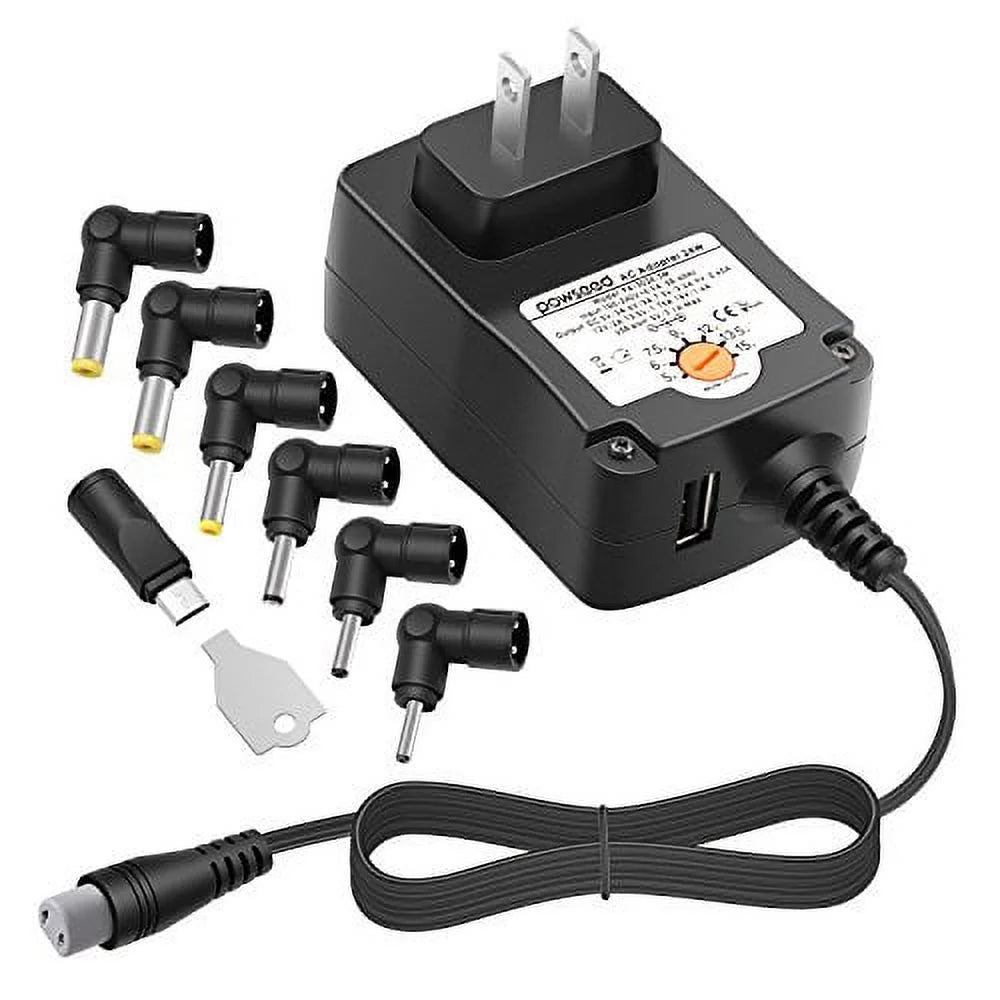 [5V USB Port] Powseed 24W Regulated Switching Multi Voltage 5V 6V 7.5V 9V 12V 13.5V 15V Charger Power Supply Adapter for Household Electronics LED Strips Router HUB HDMI SWITCHER Speaker Tablets