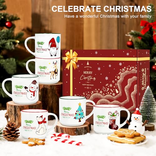 QIKSION Christmas Coffee Mugs Set of 6, 14oz Ceramic C635