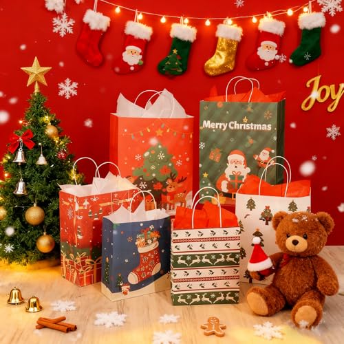 SUNEE Christmas Gift Bags with Tissue Paper, 24pcs Assorted Sizes with Handles V580