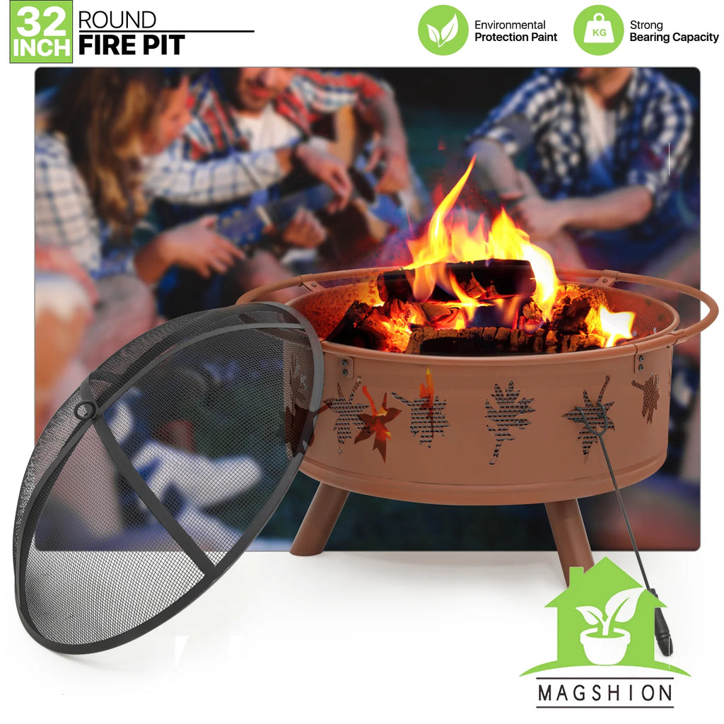 Magshion 32" Round Outdoor Fire Pit Wood Burning Table Top Fire Bowl with Log Grate, Poker & Spark Screen U2381