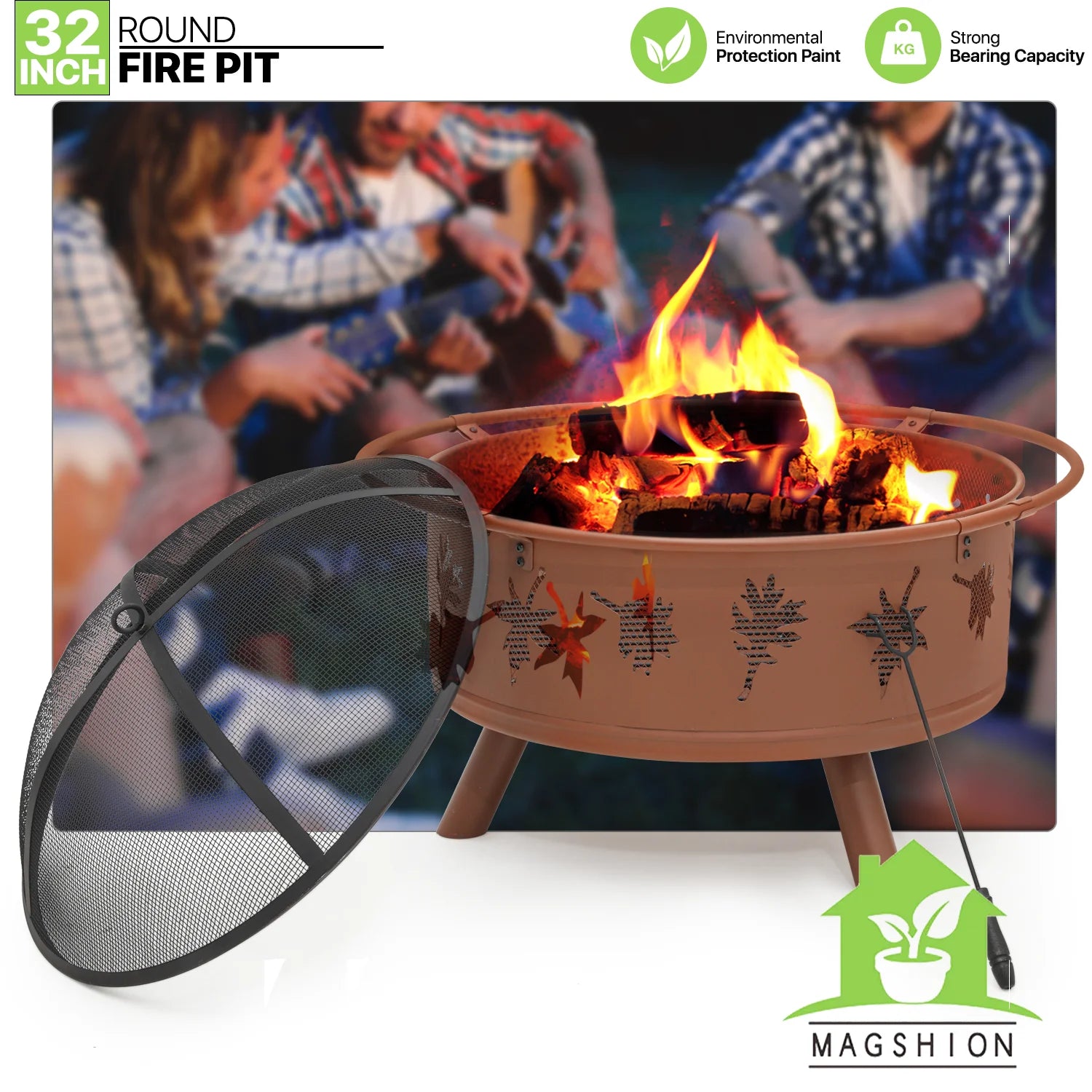 Magshion 32" Round Outdoor Fire Pit Wood Burning Table Top Fire Bowl with Log Grate, Poker & Spark Screen U2381