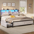 Full Size Bed Frame with Storage Headboard & 4 Drawers, Headboard with Hidden Storage, Farmhouse LED Bed Frame with USB-C/A Charging Station,Washed Oak Grey