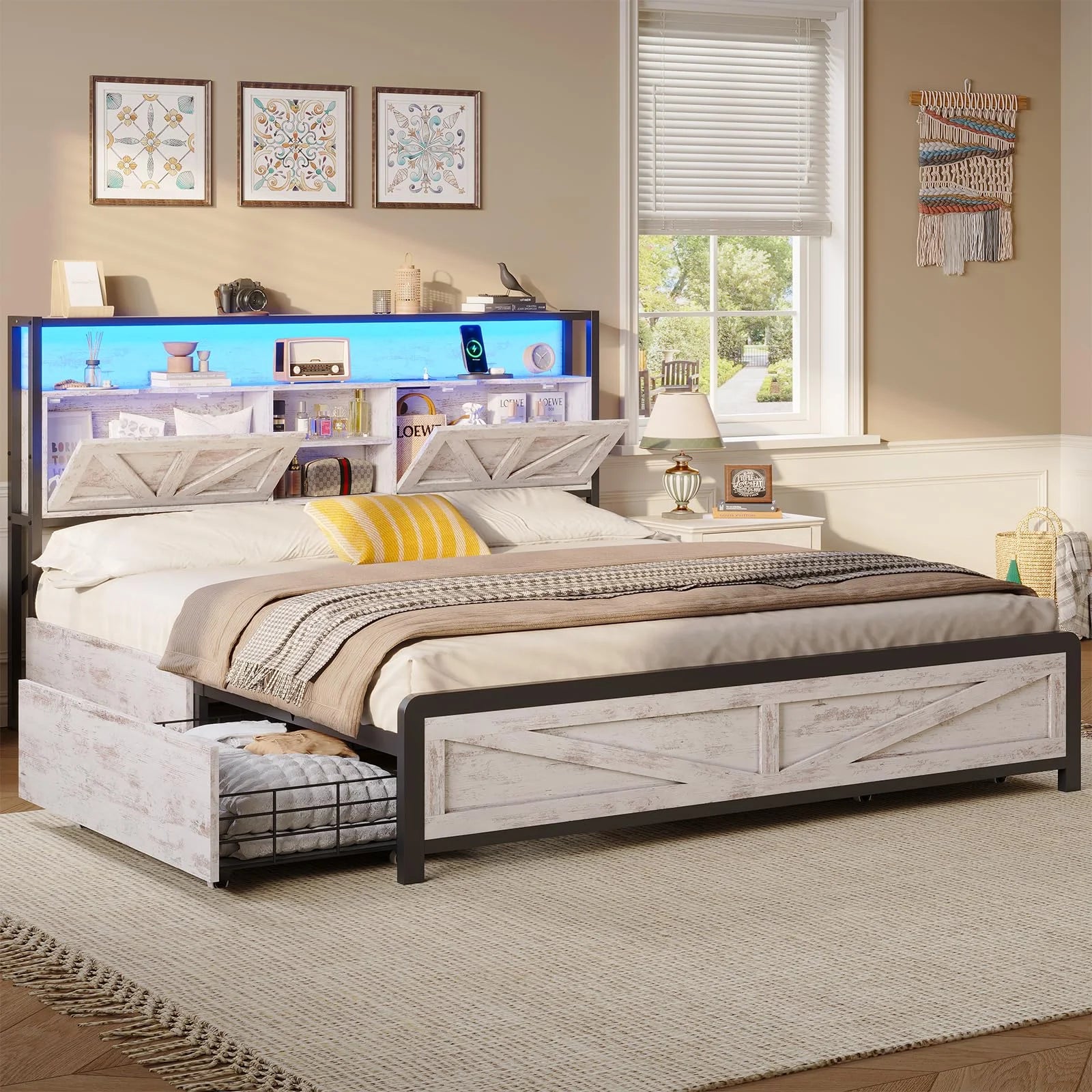 Full Size Bed Frame with Storage Headboard & 4 Drawers, Headboard with Hidden Storage, Farmhouse LED Bed Frame with USB-C/A Charging Station,Washed Oak Grey