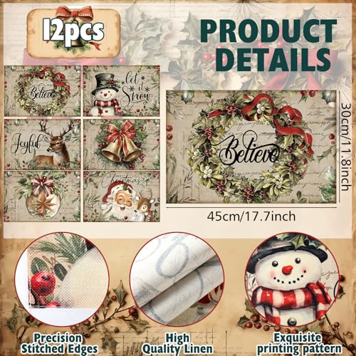 Vintage Linen Fabric Christmas Placemats Set of 12, 12x18 Inch L3227