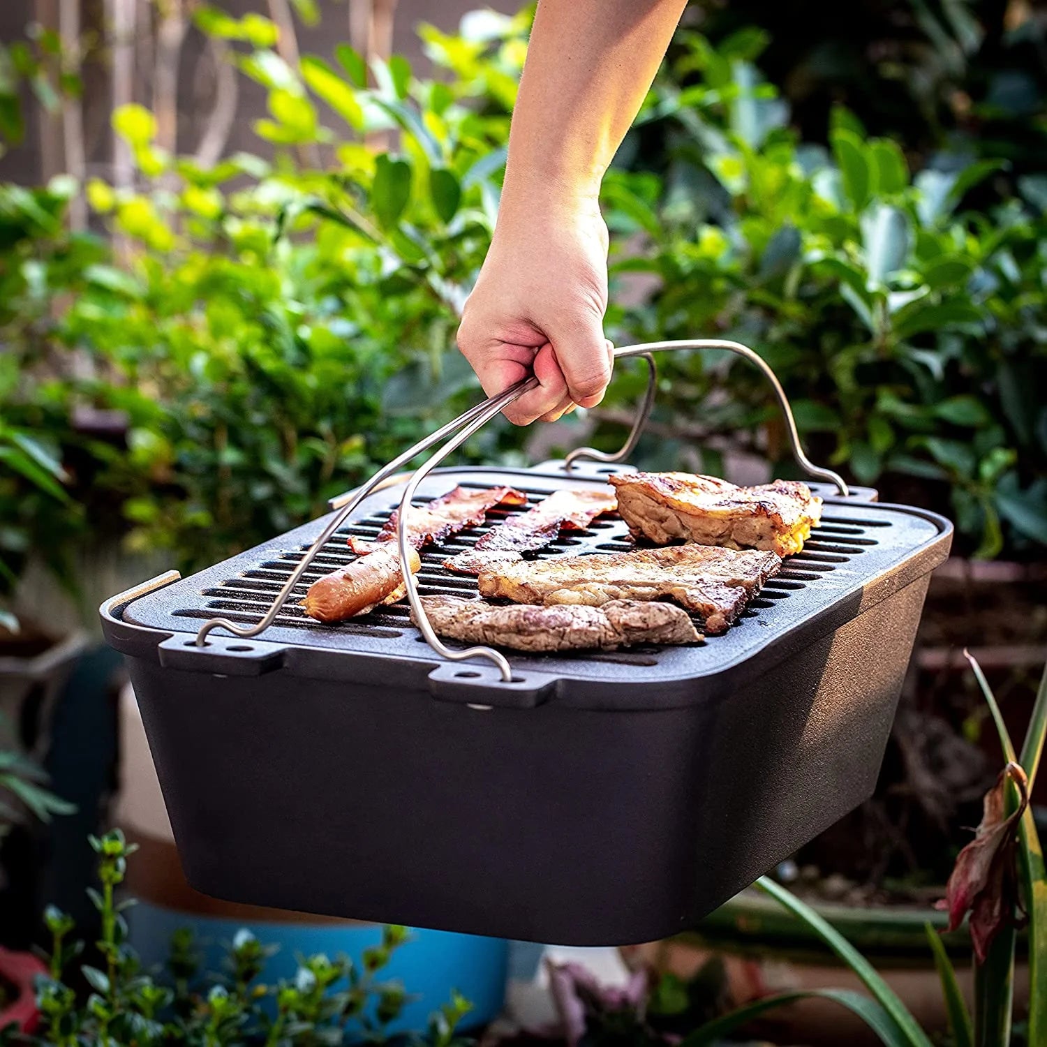 Bruntmor Pre-Seasoned Portable Cast Iron Charcoal Rectangle BBQ Grill N22991