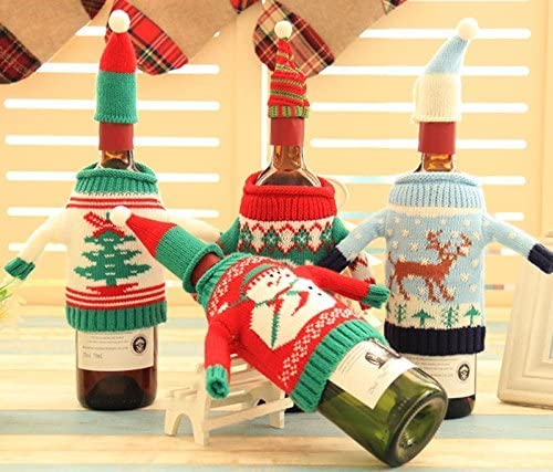 Gawertoy Christmas Wine Bottle Covers and Hats Kit, 4 Pack Ugly Sweater Patterns A3367