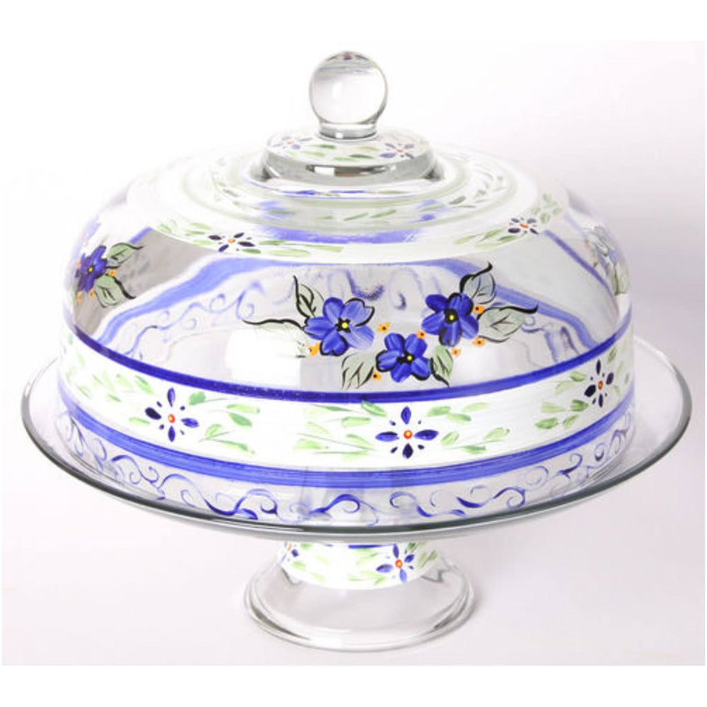 Blue Floral Hand Painted Glass Large Convertible Cake Dome 11x22