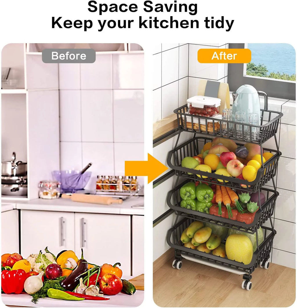 Luosen 4 Tier Stackable Metal Wire Fruit Vegetable Storage Trolley with Wheels, Black W286822