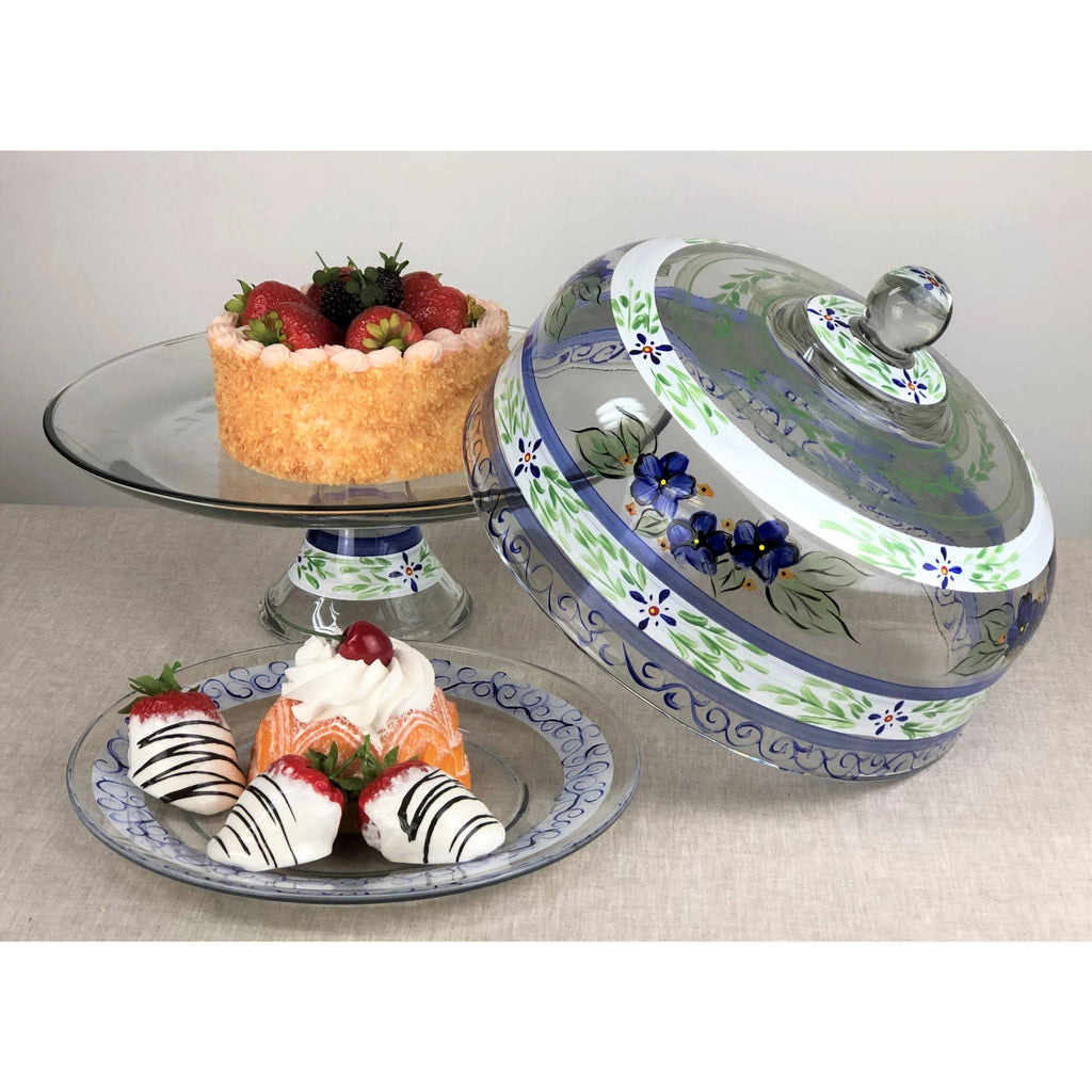 Blue Floral Hand Painted Glass Convertible Cake Dome F908