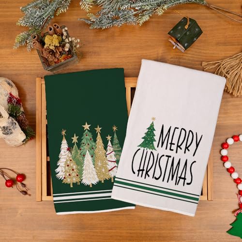 Merry Christmas Kitchen Towels Set of 2, Red Xmas Tree Design C1385