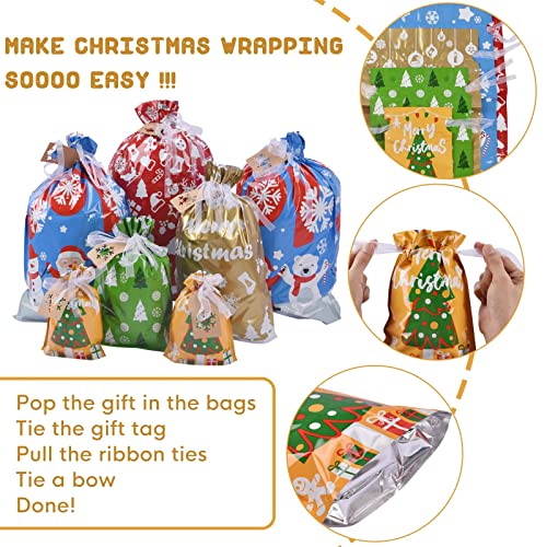 Christmas Gift Bags Assorted Sizes, 22pcs Drawstring Reusable Plastic D786