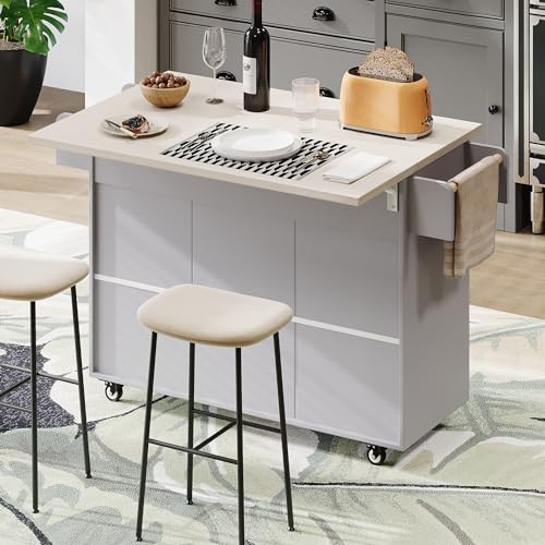 53.5" Farmhouse Kitchen Island with Power Outlet and Drop Leaf K1759