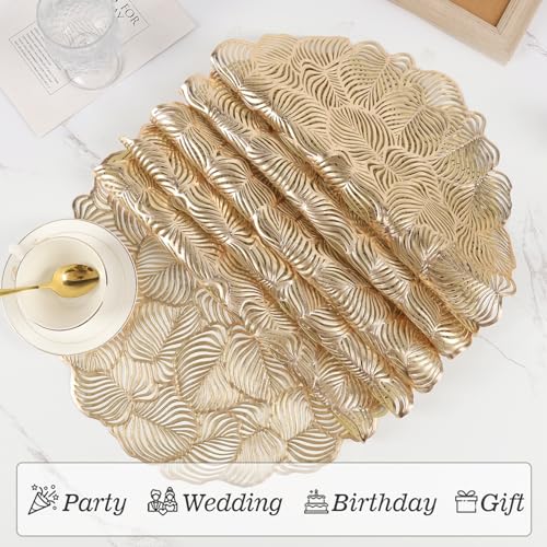 Gold Metallic Vinyl Flower Placemats Set of 6 for Dining Table I961330