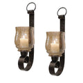 Benjara Scroll Design Metal Frame Vertical Wall Mounted Candle Holder Sconce, Set of 2, Bronze