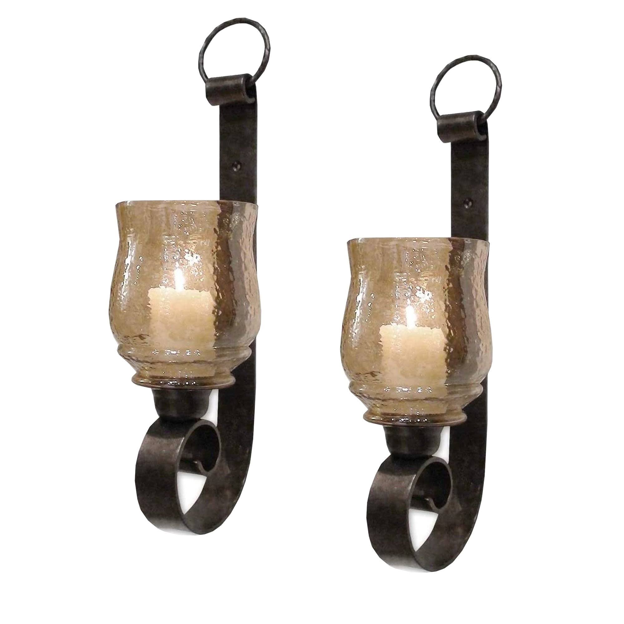 Benjara Scroll Design Metal Frame Vertical Wall Mounted Candle Holder Sconce, Set of 2, Bronze