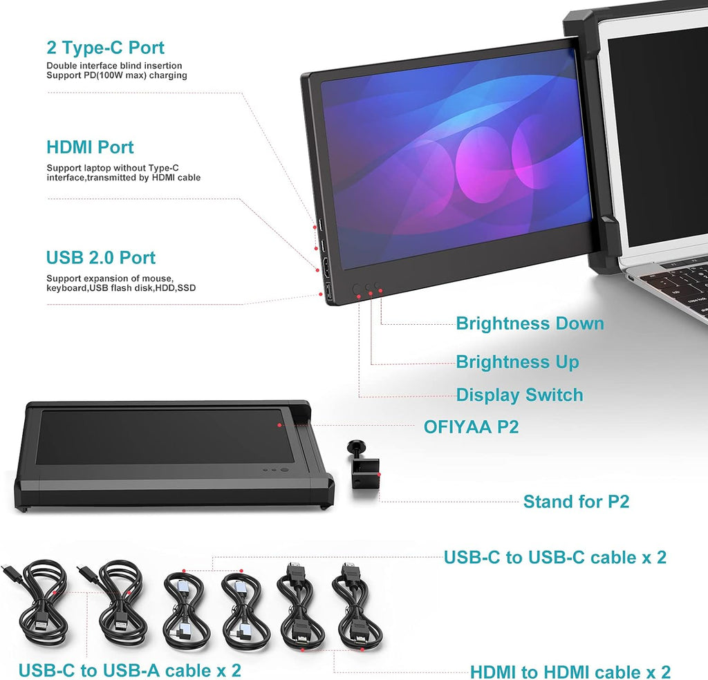 Triple Portable Monitor for Laptop, Dual Screens with Kickstand, FHD 1080P IPS, Type C/HDMI/USB-A W52533