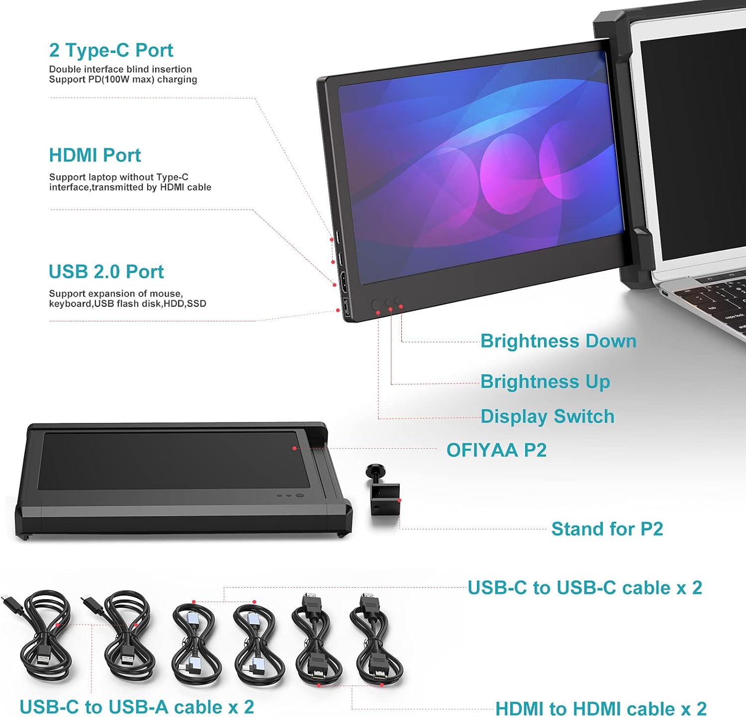 Triple Portable Monitor for Laptop, Dual Screens with Kickstand, FHD 1080P IPS, Type C/HDMI/USB-A W52533
