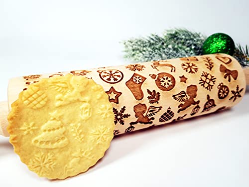 Embossing Rolling Pin with Christmas Symbols for Gingerbread Cookies W48955