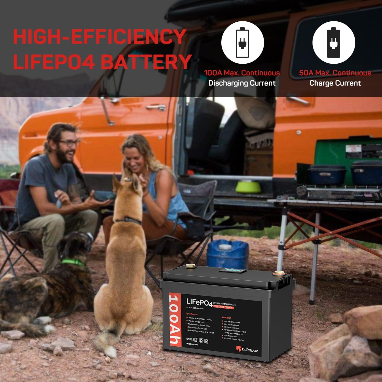 Dr. Prepare 12V 100Ah LiFePO4 Lithium Deep Cycle Battery with Monitor Screen Y6883