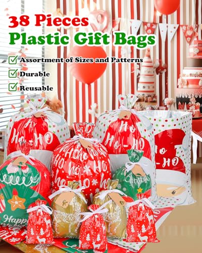 Christmas Gift Bags Assorted Sizes, 22pcs Drawstring Reusable Plastic D786
