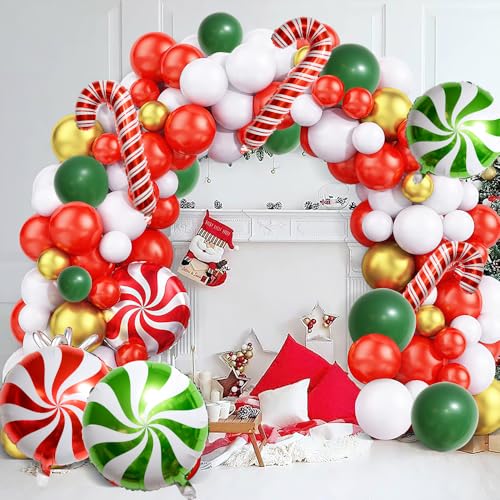 Red Green White Christmas Balloon Garland Arch Kit, Gingerbread Holiday Party Decorations Q4251