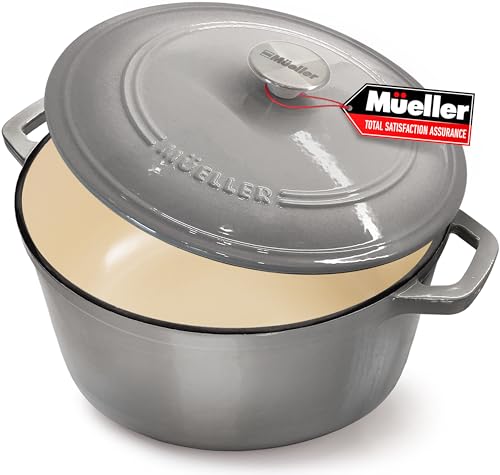 Mueller 6qt Enameled Cast Iron Dutch Oven with Lid, Oven-Safe to 500°F, White N219