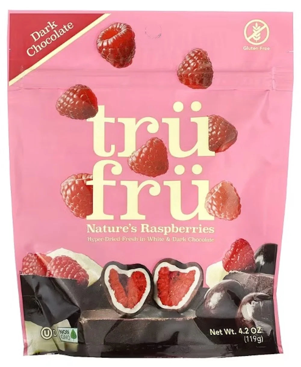 Tru Fru Dark Chocolate Dipped Freeze-Dried Real Raspberries, 4.2oz (Pack of 12)