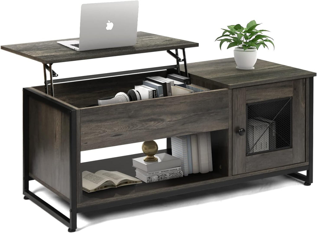 QLMUSE Industrial Lift Top Coffee Table with Metal Mesh Cabinet Door and Hidden Storage, Black Oak H53553