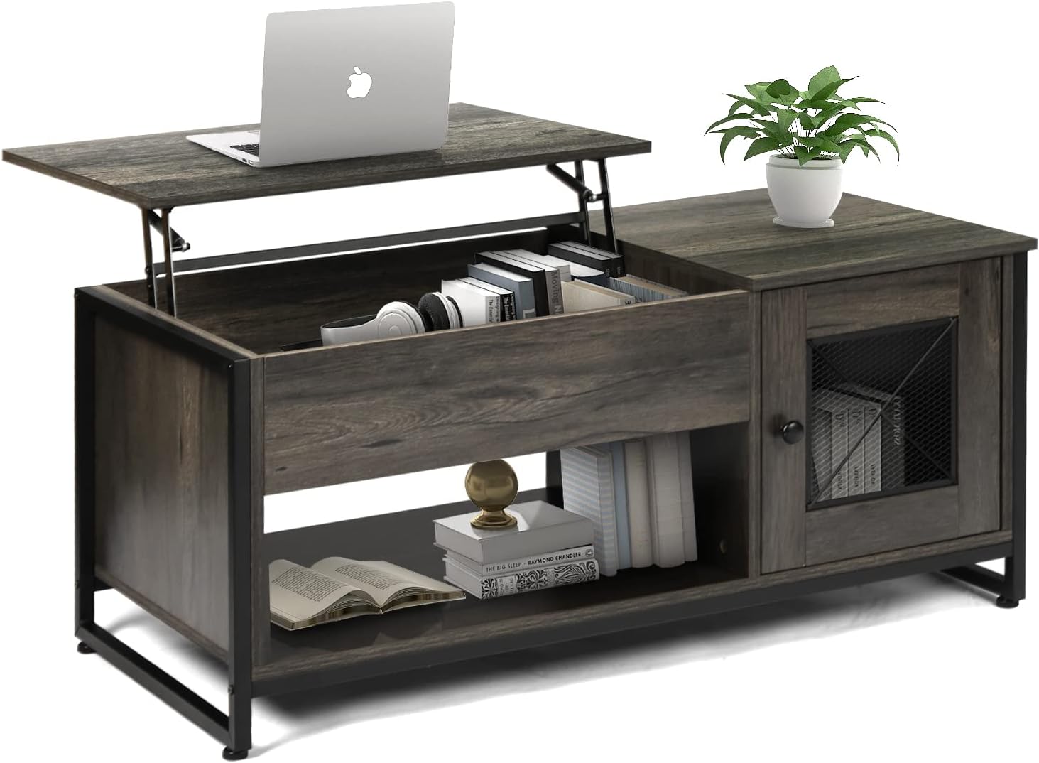 QLMUSE Industrial Lift Top Coffee Table with Metal Mesh Cabinet Door and Hidden Storage, Black Oak H53553