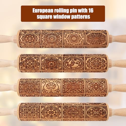 17" Wooden Rolling Pin with Embossed Springerle Cookie Designs, Includes Cleaning Brush O580