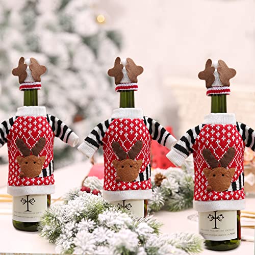3Pack Christmas Wine Bottle Covers Reindeer Ugly Sweater with Hat Red G8680