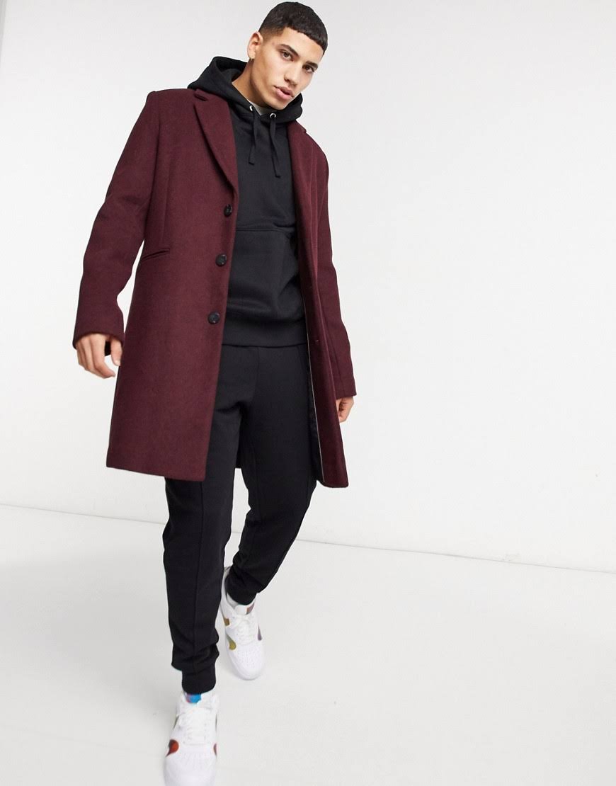 ASOS Design Wool Mix Overcoat Port-Red B6184